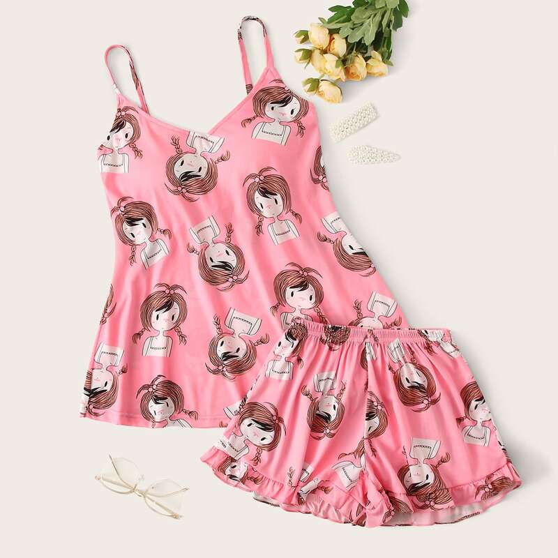 

Cartoon Figure Cami PJ Set, Pink