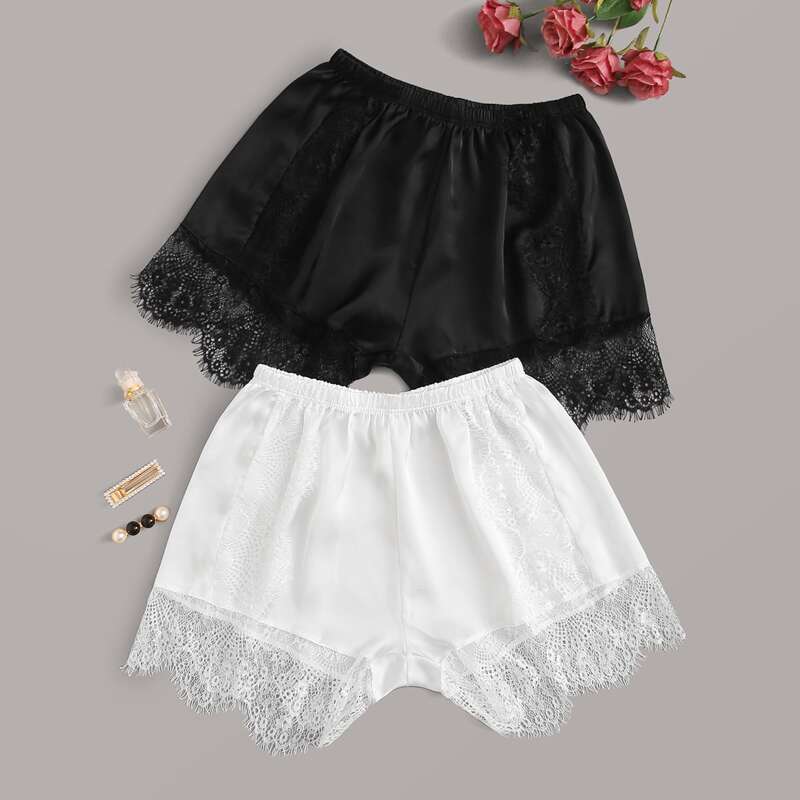 

2pack Lace Trim Satin Sleep Shorts Set, Black and white