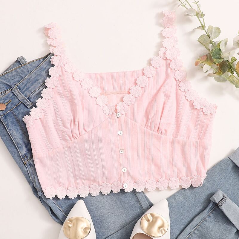 

Flower Strap Button Front Cami, Pink