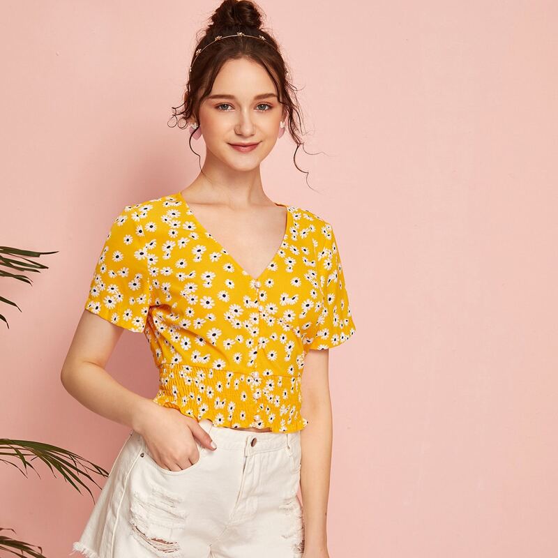 

Floral Shirred Waist Crop Top, Yellow