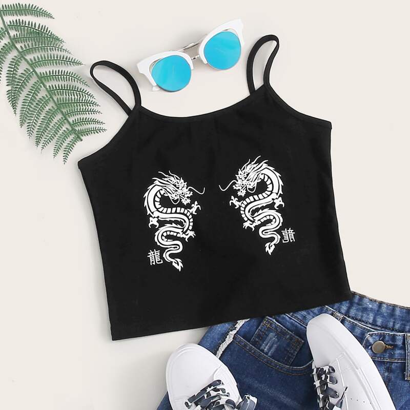 

Dragon Graphic Crop Cami, Black