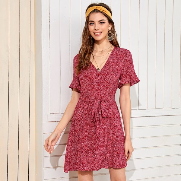 

Buttoned Front Self Belted Ditsy Floral Dress, Red