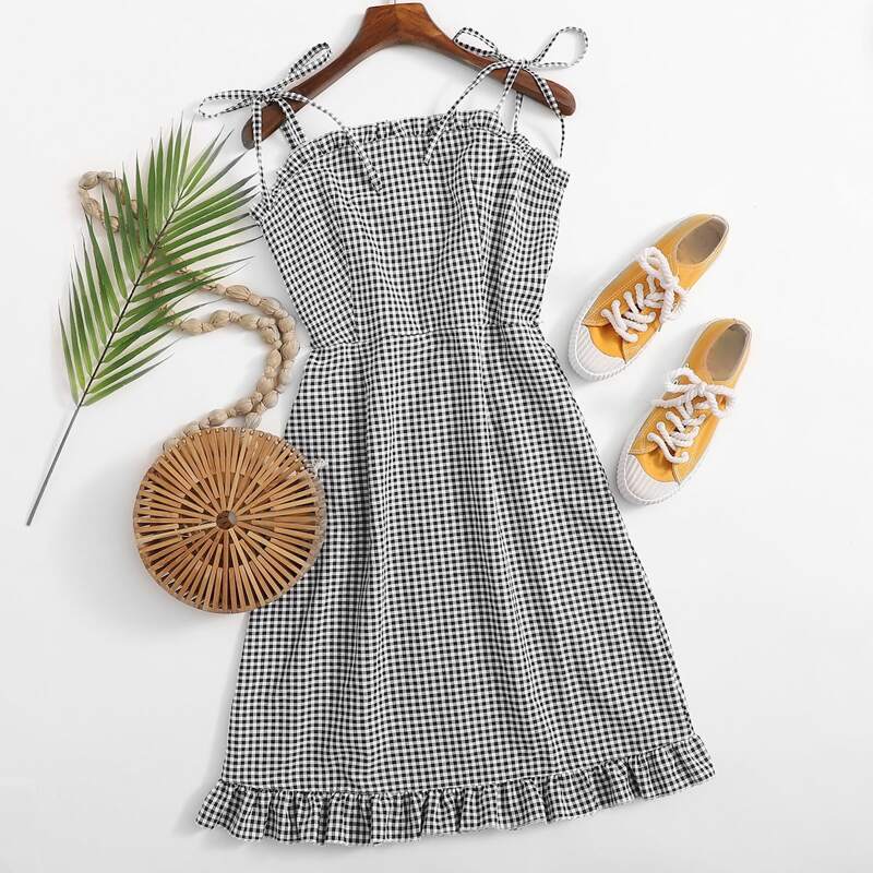

Gingham Frill Trim Sundress, Black and white