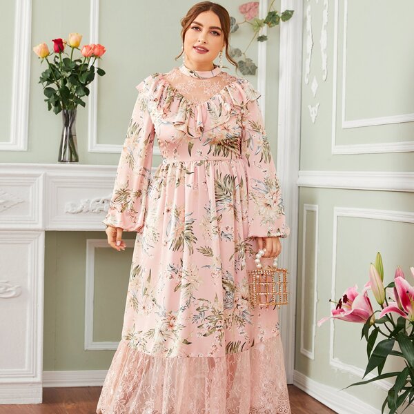 

Plus Ruffle Trim Lace Yoke Floral Print Dress, Pink