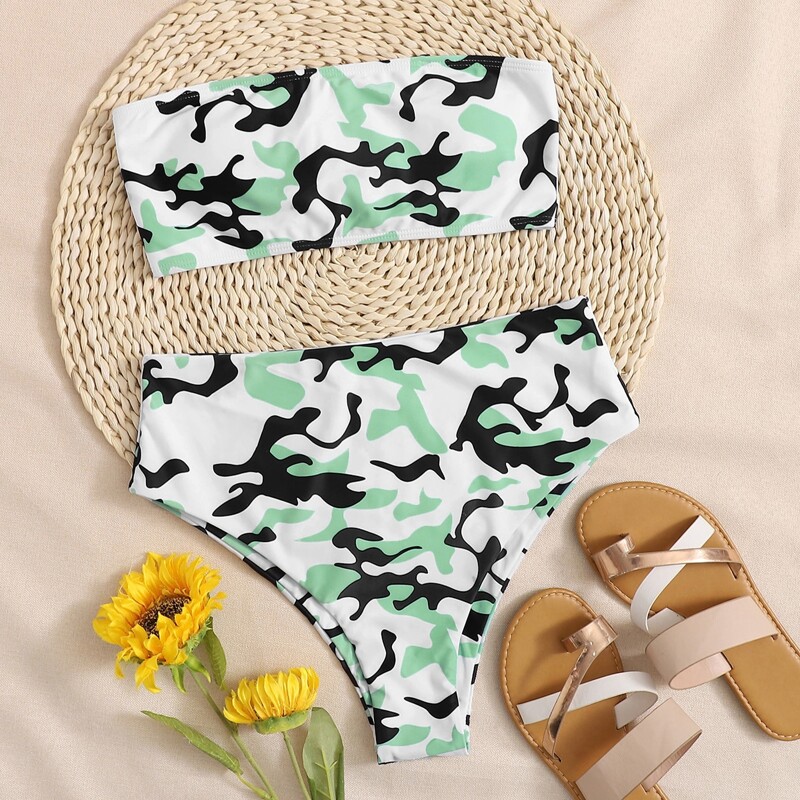 

Camouflage Bandeau High Waist Bikini Swimsuit, Multicolor