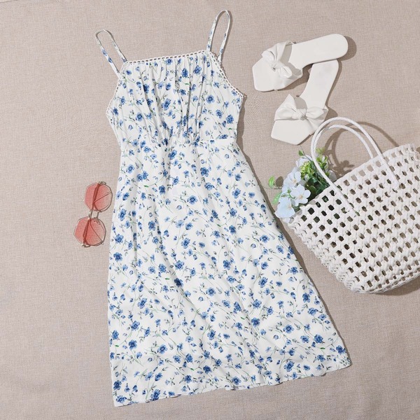 

Lace Trim Ruched Bust Floral Cami Dress, White