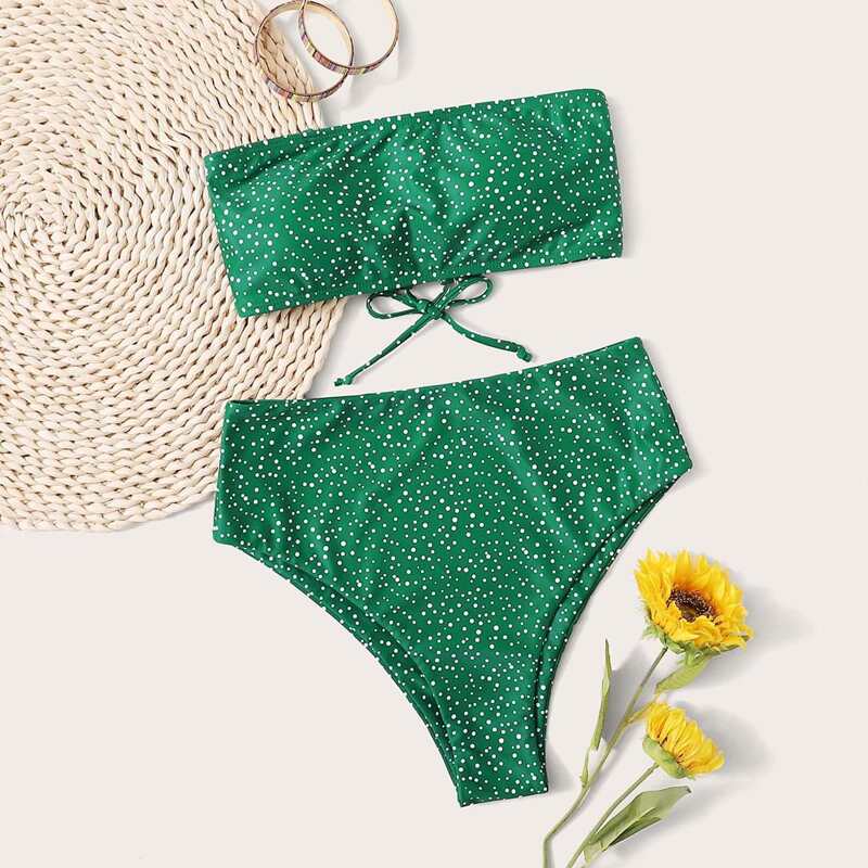 

Polka Dot Bandeau High Waist Bikini Swimsuit, Green