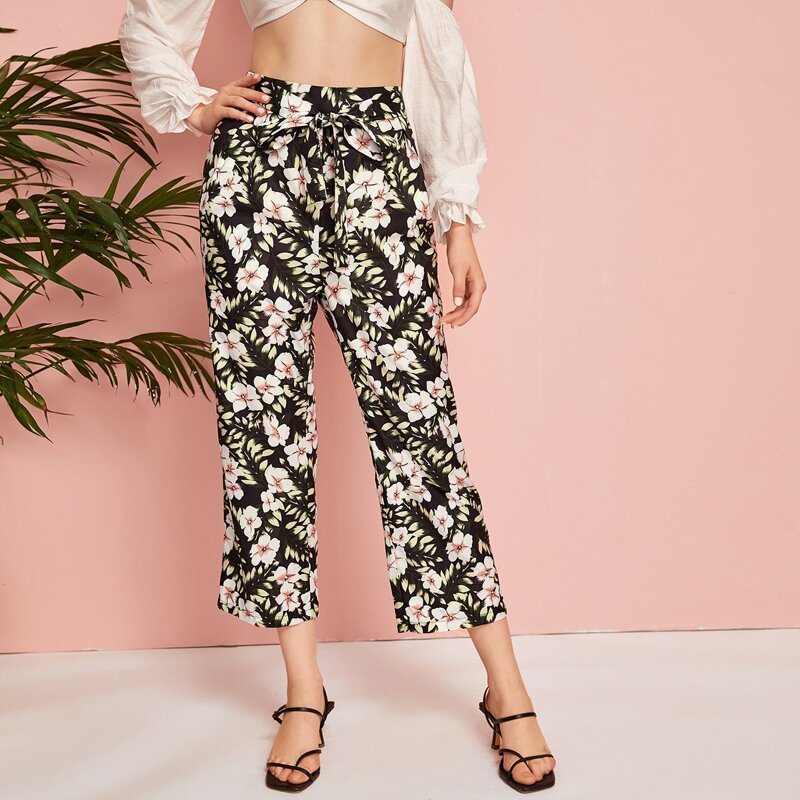

Floral Tie Front Pants, Black