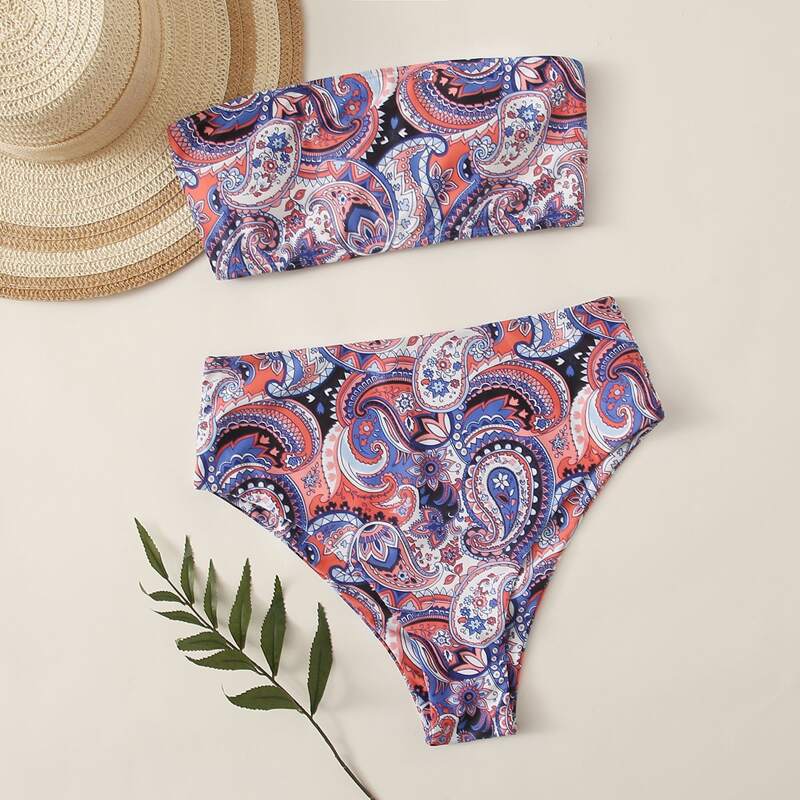 

Paisley Bandeau High Waist Bikini Swimsuit, Multicolor