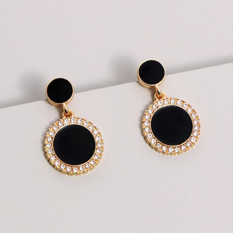 

Rhinestone Round Drop Earrings, Black