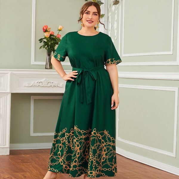 

Plus Chain Print Belted Maxi Dress, Green