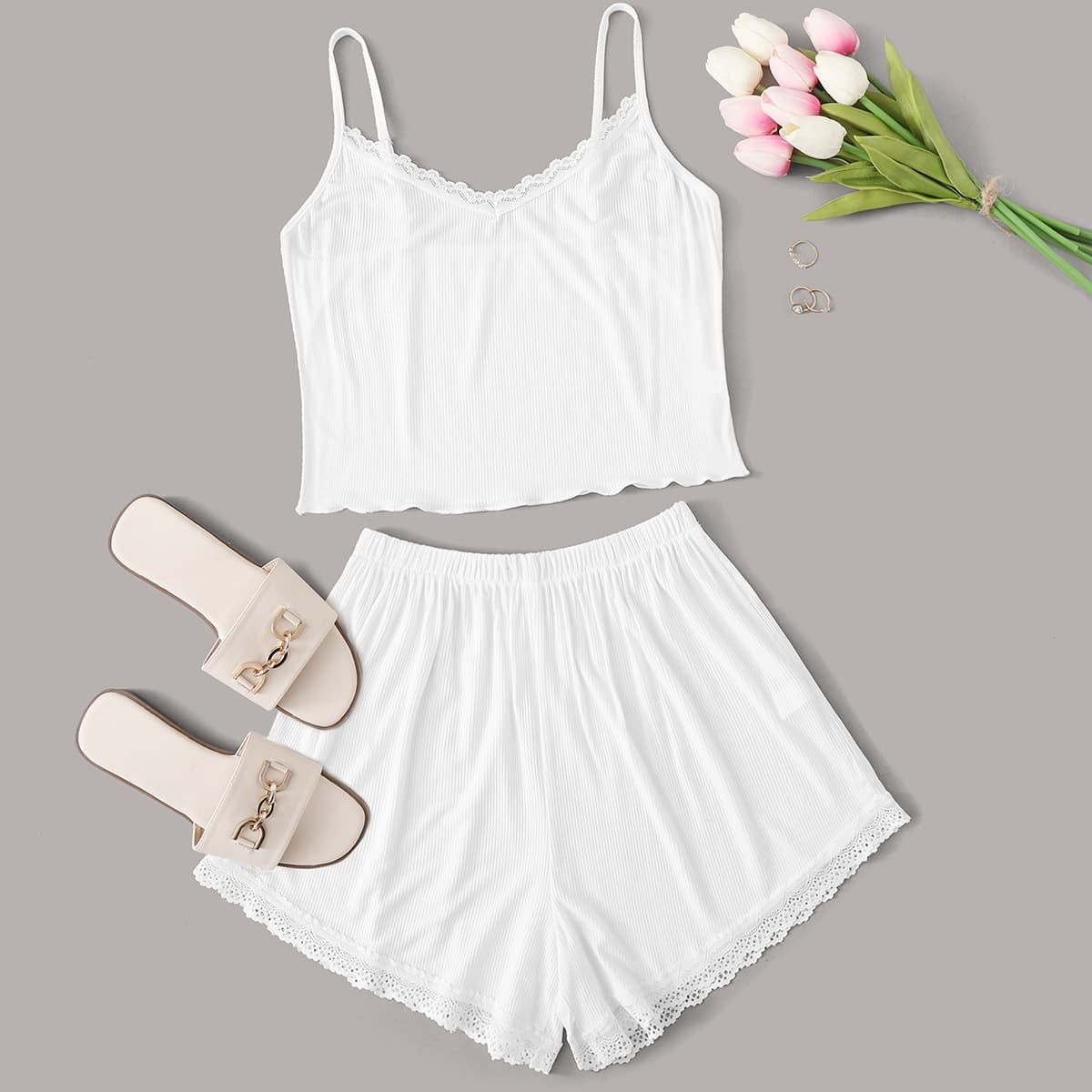 

Contrast Lace Cami PJ Set, White