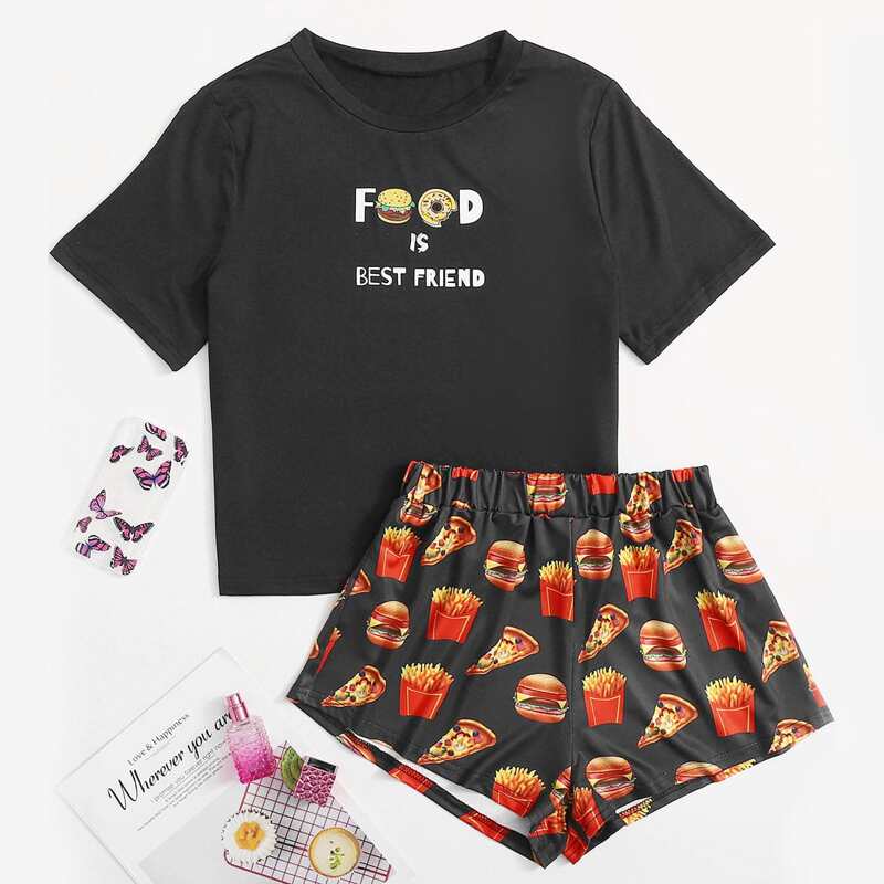 

Hamburger & Pizza Print PJ Set, Multicolor
