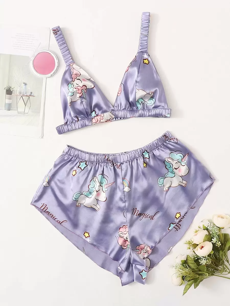 Cartoon & Letter Graphic Satin Night Set - Purple - View 1