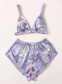 Cartoon & Letter Graphic Satin Night Set - Purple - View 3
