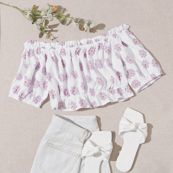 

Frill Off Shoulder Floral Top, White