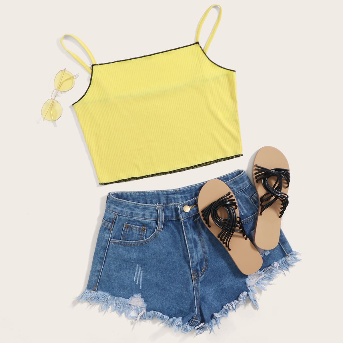 

Rib-Knit Contrast Trim Cami Lounge Top, Yellow