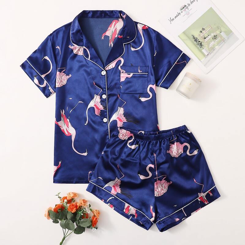 

Flamingo Print Contrast Binding Satin Night Set, Navy blue