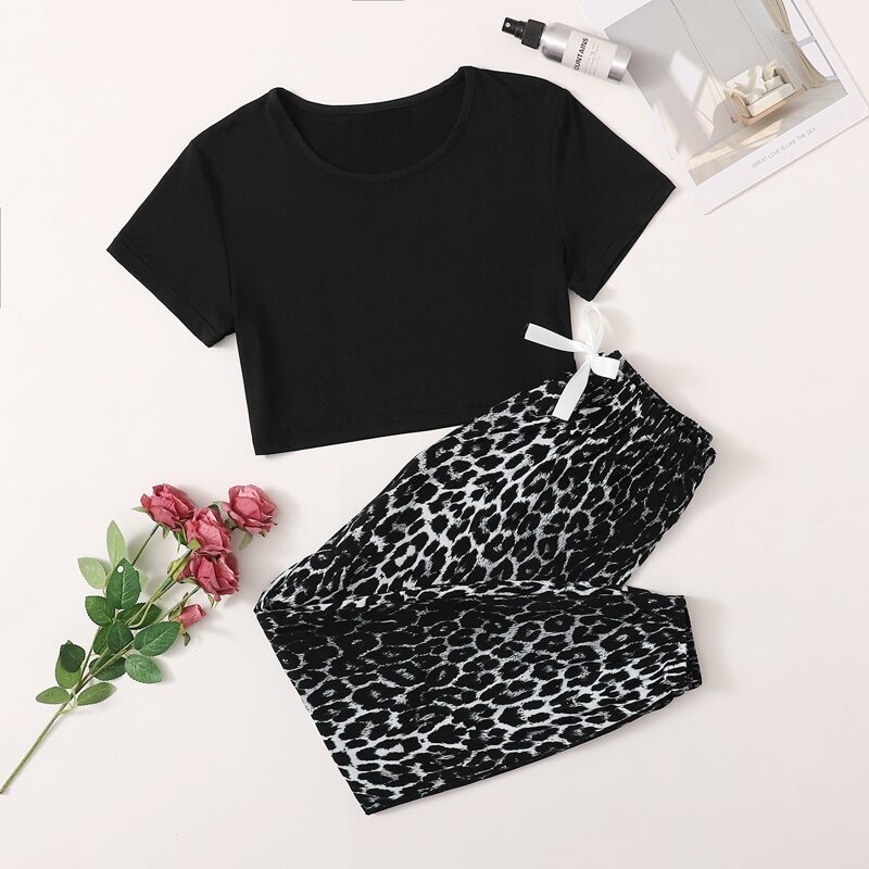 

Leopard Tie Front Pajama Set, Black
