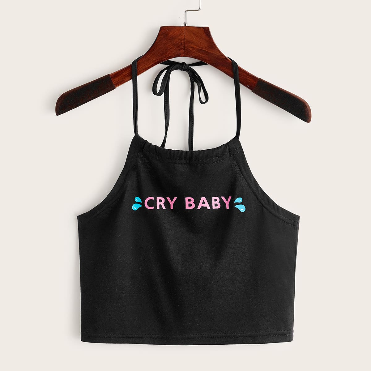 

Letter Graphic Crop Halter Top, Black
