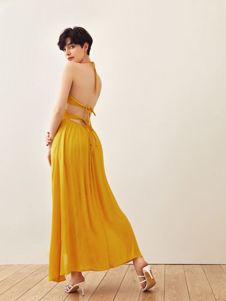 slim fit dress slacks Plunge Neck Thigh Split Maxi Dress – Wholesale Capella Apparel