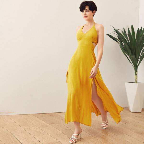 

Tie Backless Split Thigh Halter Dress, Yellow