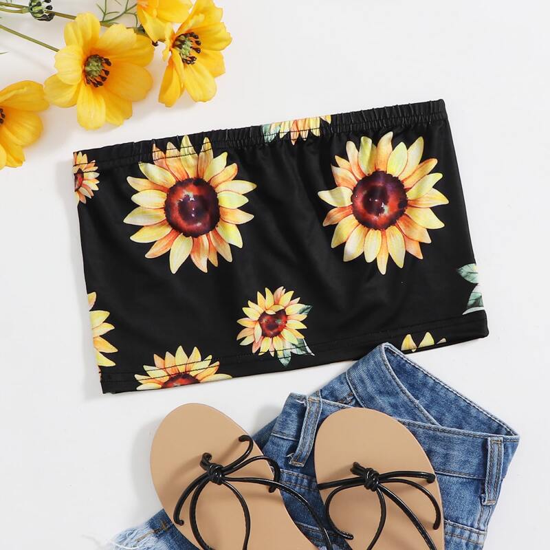

Sunflower Print Tube Top, Black