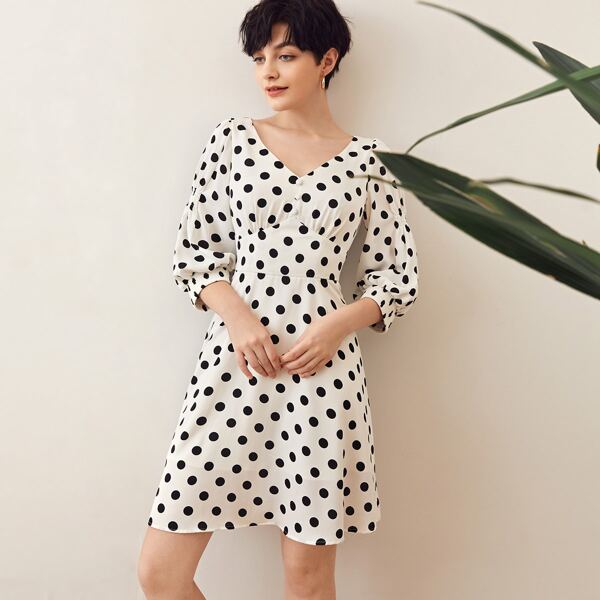 

Button Front Polka Dot Print Dress, White