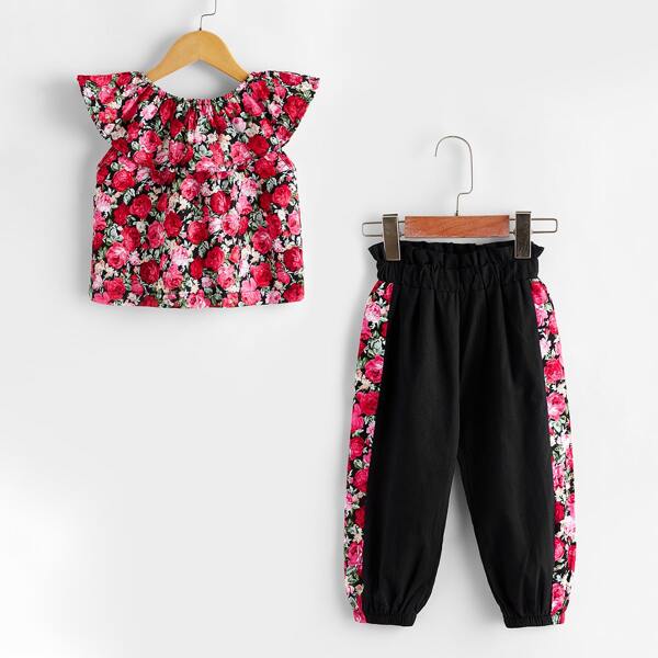 

Toddler Girls Floral Print Blouse With Paperbag Pants, Multicolor