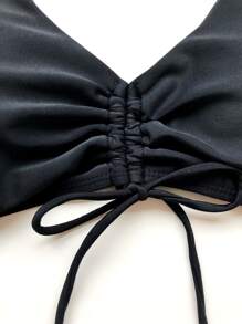 Swim Basics Summer Beach Drawstring Front Bikini Top - Black - View 6