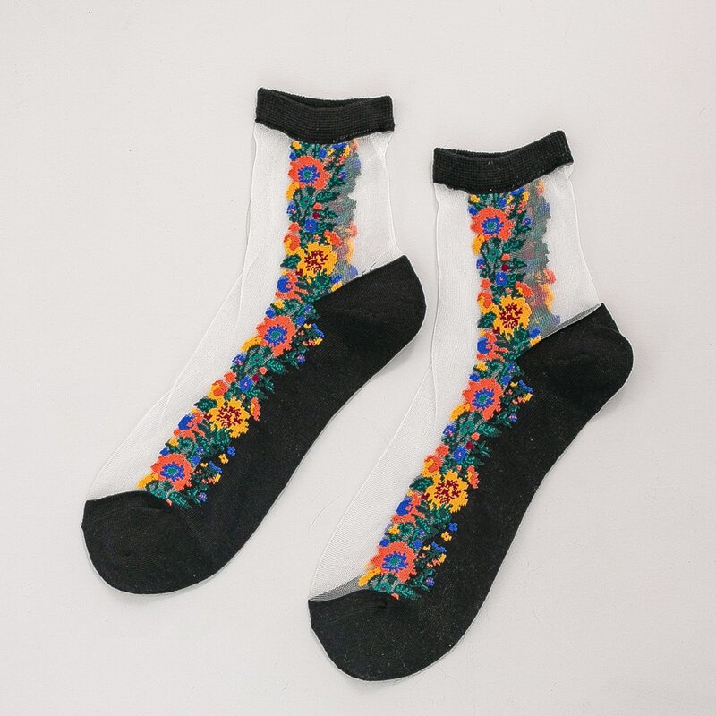 

Flower Pattern Mesh Socks, Black