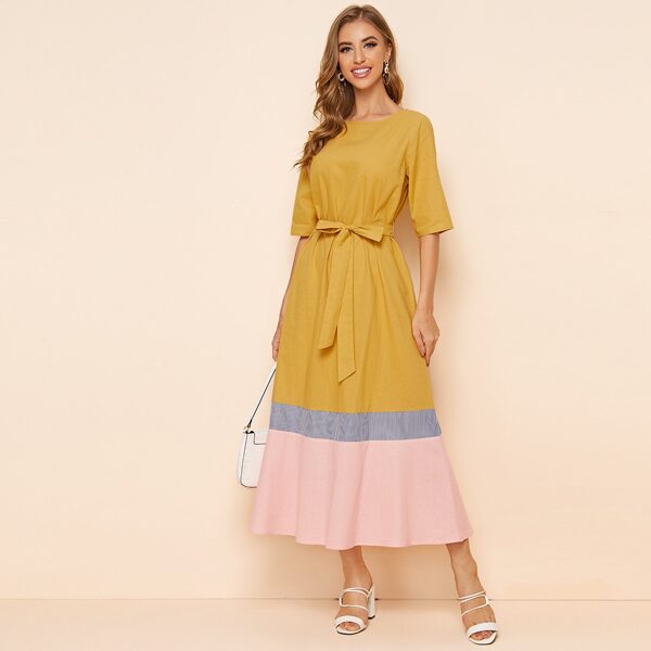 

Colorblock Hem Belted Dress, Multicolor