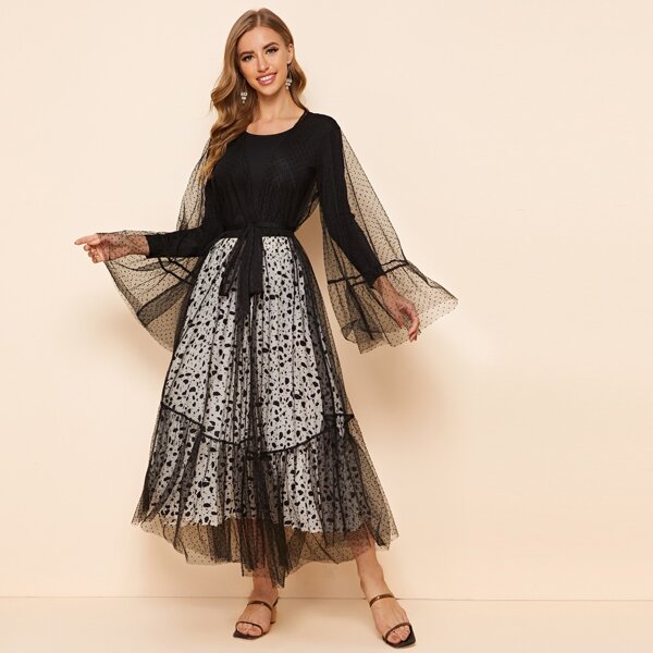 

Bell Sleeve Sheer Mesh Belted Kimono, Black