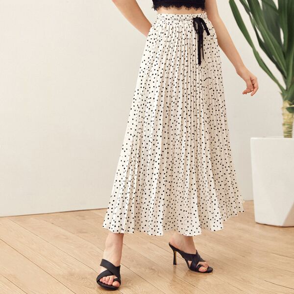 

Tie Waist Polka-dot Pleated Skirt, White