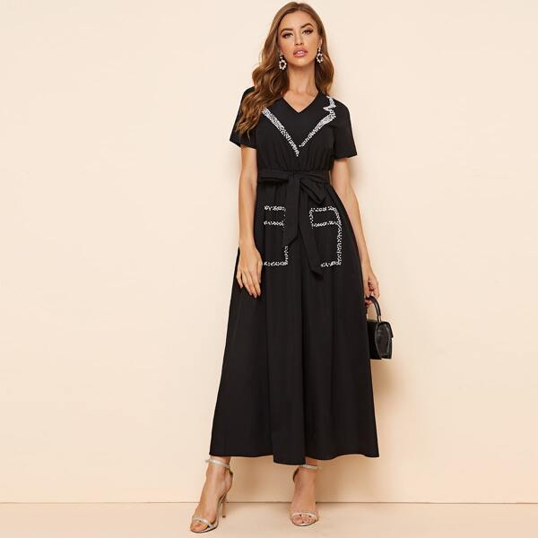 

V-neck Pearls Beaded Belted Dress, Black