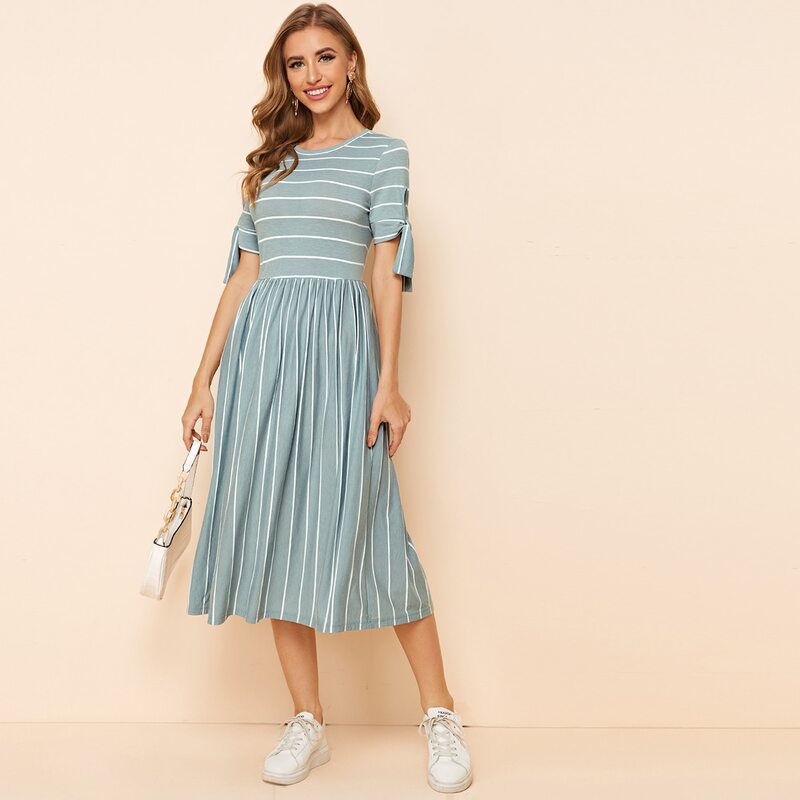 

Striped Self-Tie Sleeve Midi Dress, Mint green