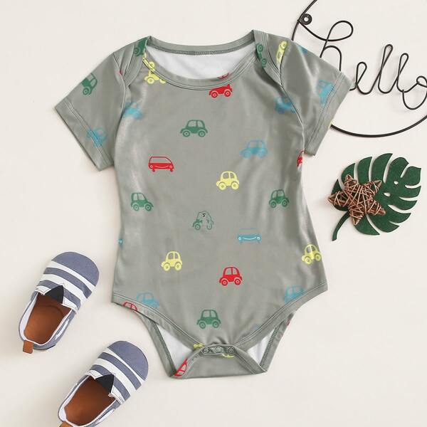 

Baby Boy Cartoon Car Print Popper Bodysuit, Grey