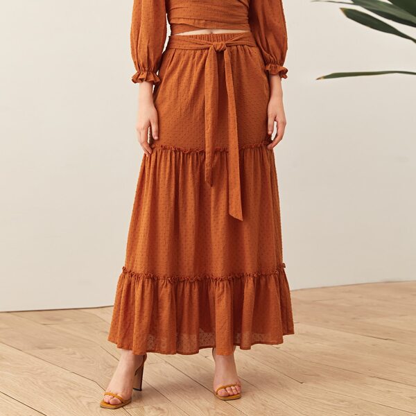 

Tie Front Frill Swiss Dot Layered Skirt, Brown