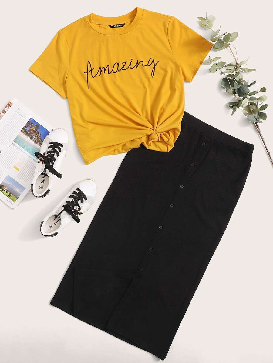 Mulvari Letter Graphic Top & Rib-knit Button Front Skirt Set - Multicolor - View 1