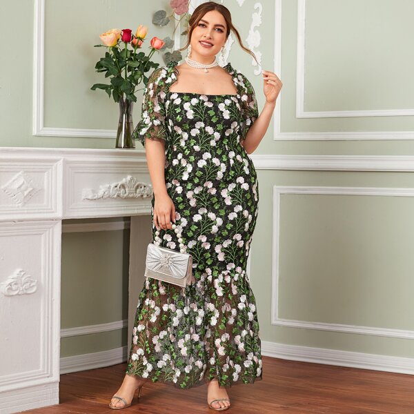 

Plus Ruffle Trim Embroidery Mesh Mermaid Dress, Multicolor