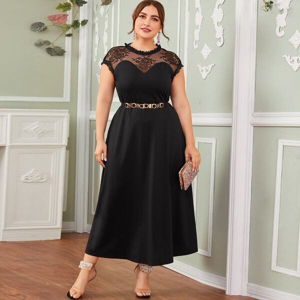 

Plus Lace Yoke Embroidered Mesh Trim Dress With Belt, Black
