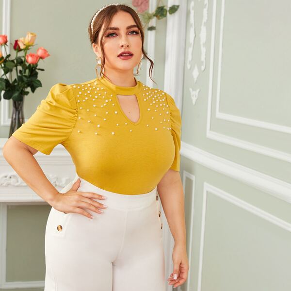 

Plus Keyhole Neck Pearl Beaded Top, Yellow
