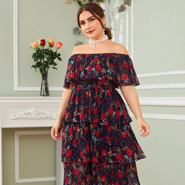 

Plus Ruffle Trim Layered Hem Pleated Floral Print Dress, Blue