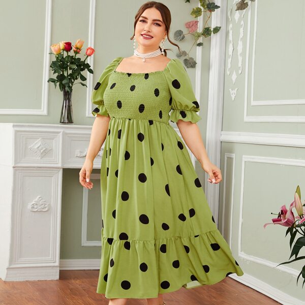

Plus Tie Back Shirred Polka Dot Flounce Hem Dress, Lime green