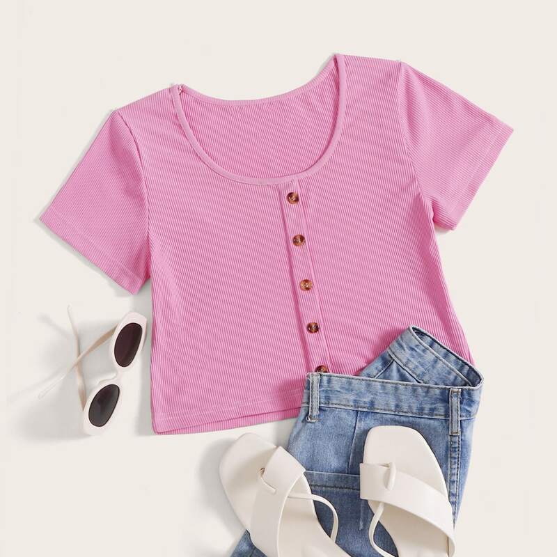 

Button Front Pink Crop Tee