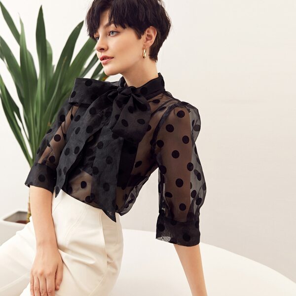 

Tie Neck Polka Dot Flocked Organza Top, Black