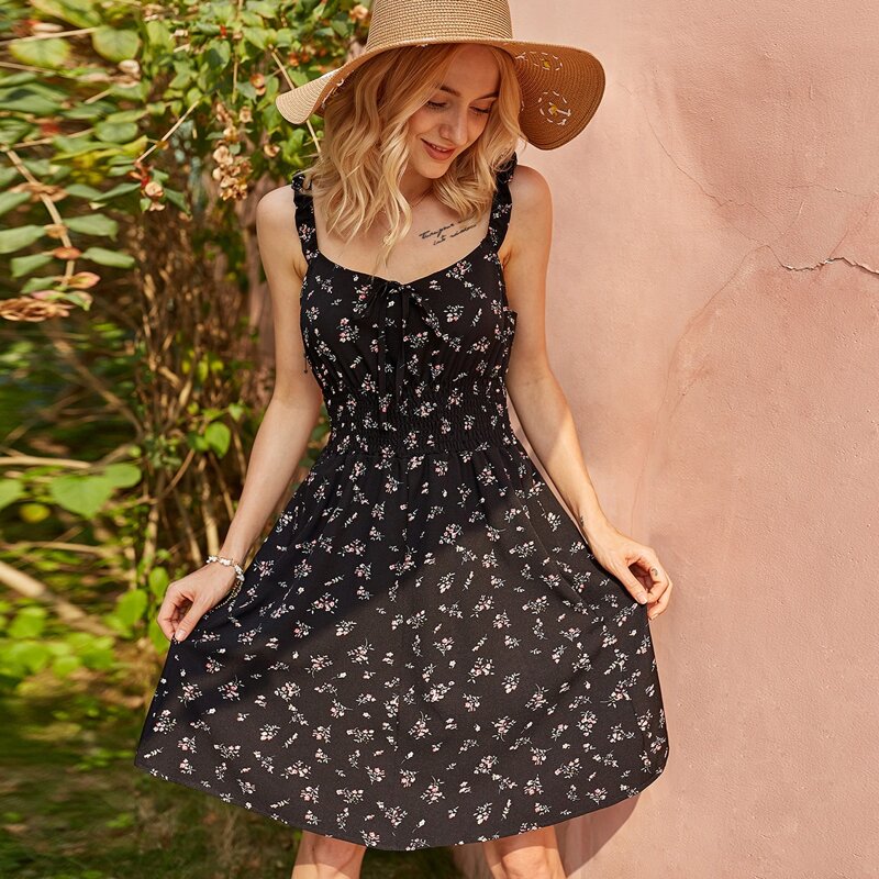 

Ditsy Floral Shirred Cami Dress, Black