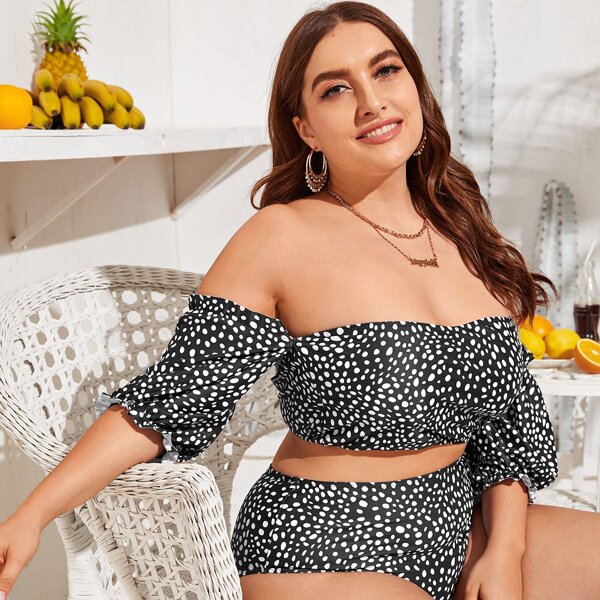 

Plus Dalmatian Bardot High Waisted Bikini Swimsuit, Black and white