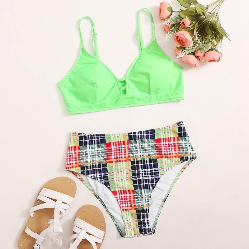 

Plaid High Waisted Bikini Swimsuit, Multicolor