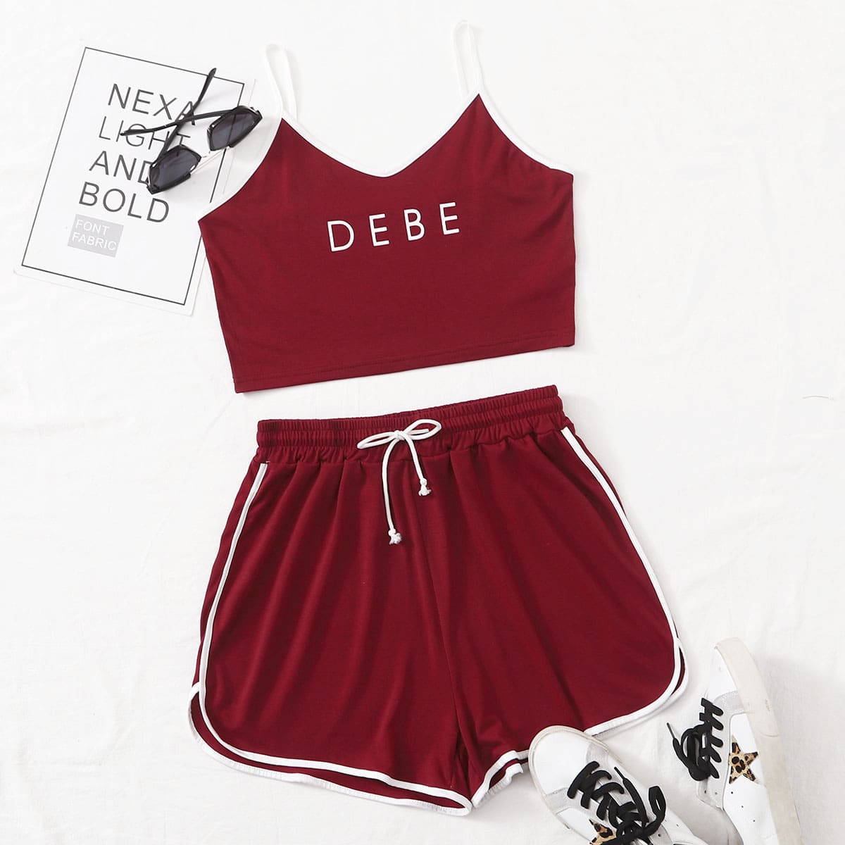 

Letter Graphic Cami Top With Dolphin Shorts, Burgundy